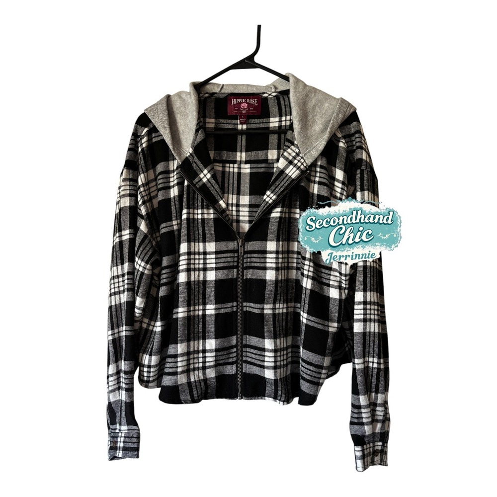 Hippie Rose Plaid Zip Up Hoodie Jacket Black White Flannel Shacket Womens Large‎